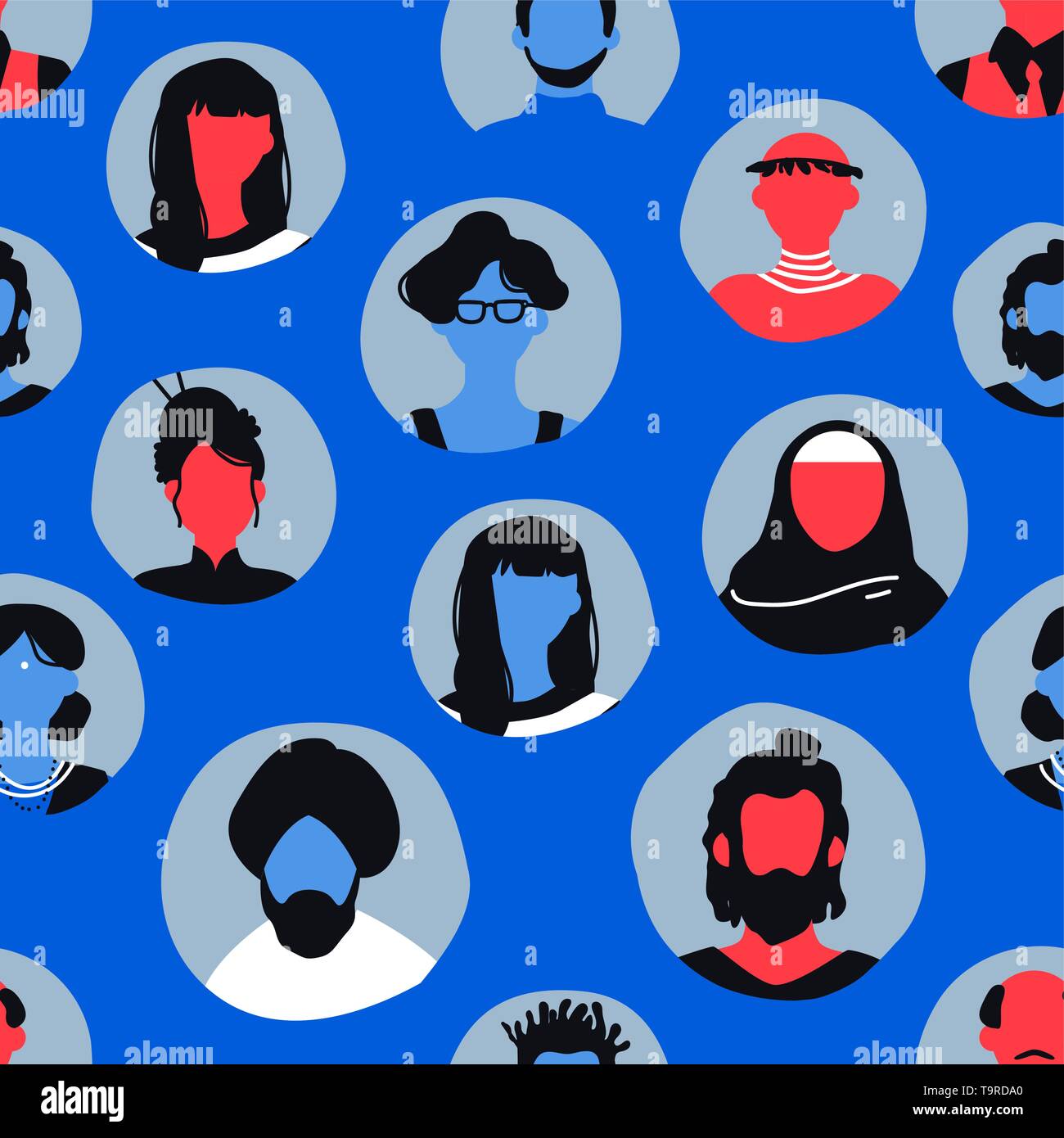 Icone di persone seamless pattern in colore blu. Diversi uomo e donna avatar background per la comunità internazionale o internet concetto di comunicazione. Illustrazione Vettoriale