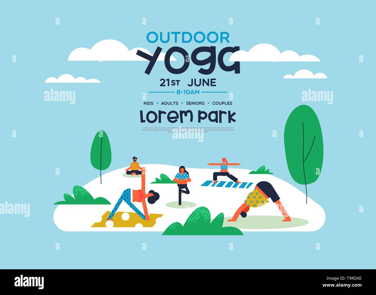 Yoga outdoor flyer modello per la salute e la lezione di fitness o eventi speciali. Gruppo di persone facendo la meditazione pone al parco. Illustrazione Vettoriale