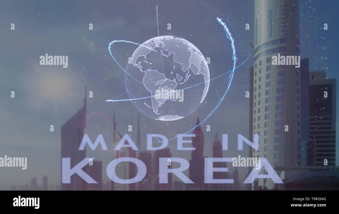 Fabbricato in Corea il testo con ologramma tridimensionale del pianeta terra contro lo sfondo della moderna metropoli Foto Stock