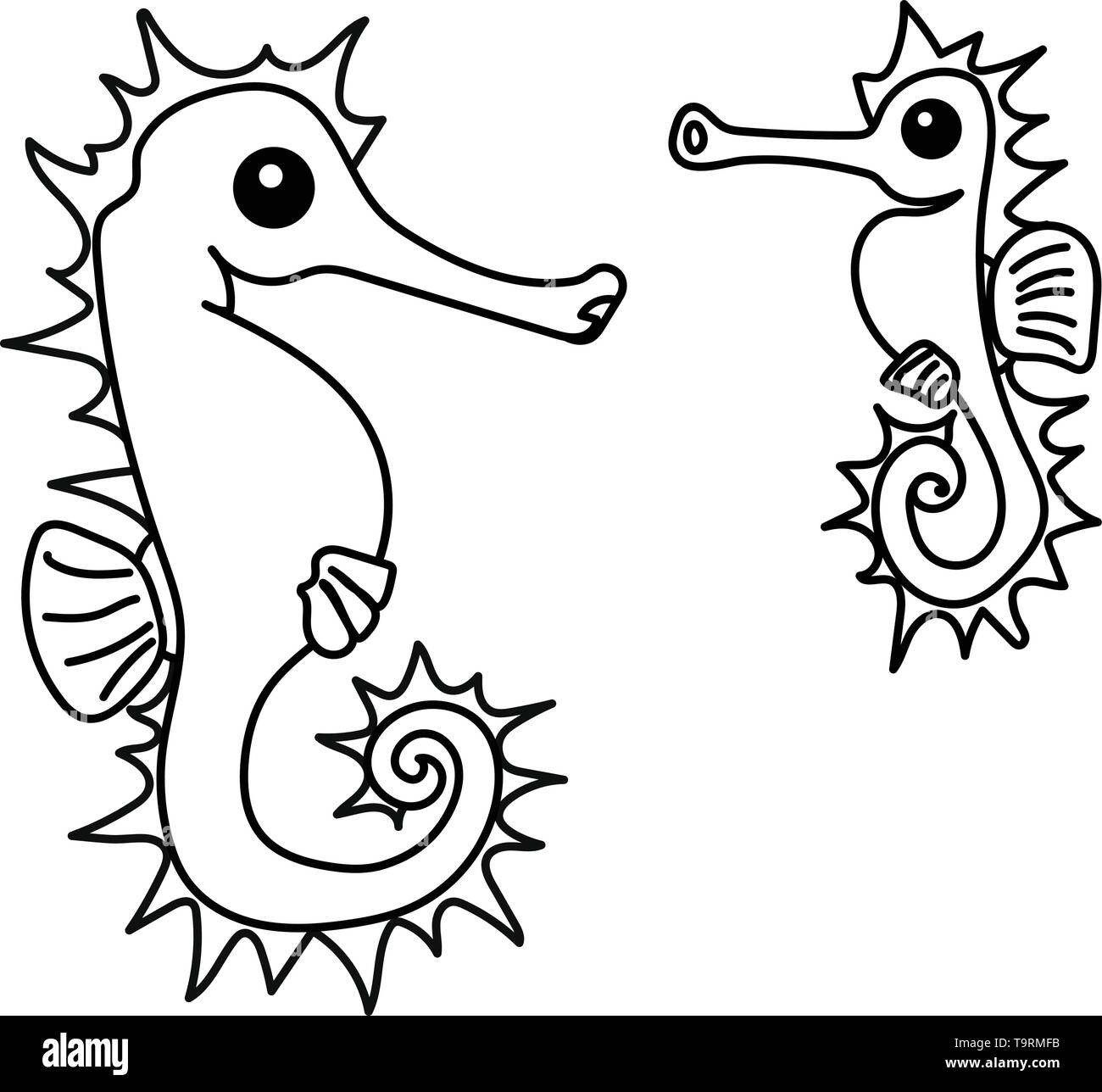 Linea del vettore animale cartoon clip art cavalluccio marino giallo Illustrazione Vettoriale