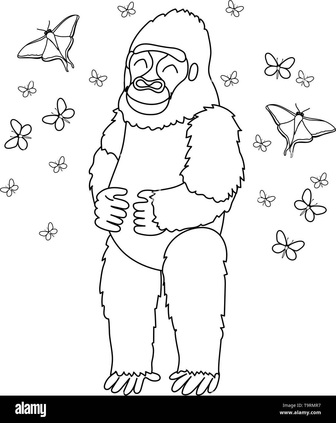 Linea del vettore animale cartoon clip art, gorilla farfalle Illustrazione Vettoriale