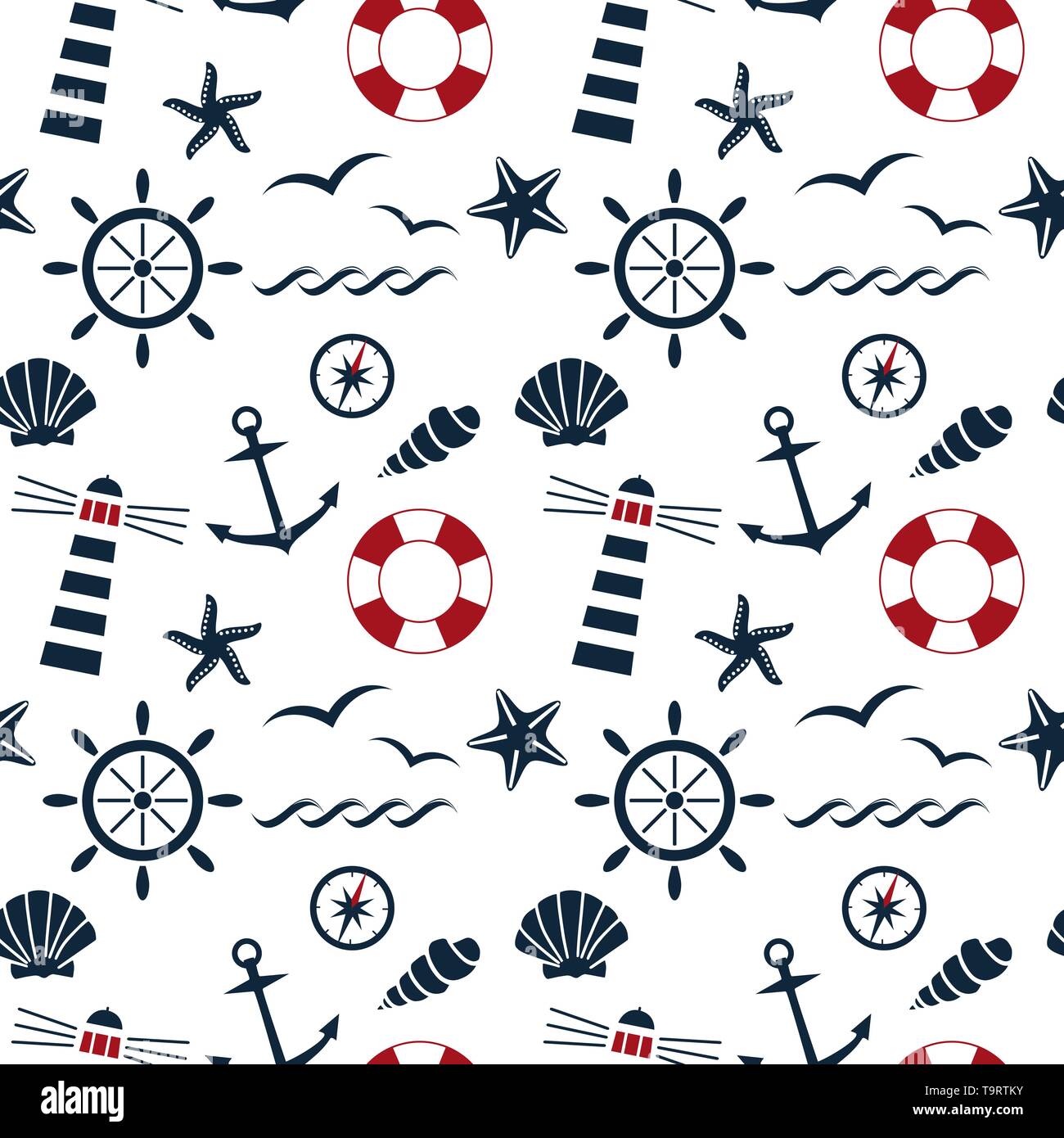 Nautiche modello senza giunture sullo sfondo bianco vettore Illustrazione Vettoriale