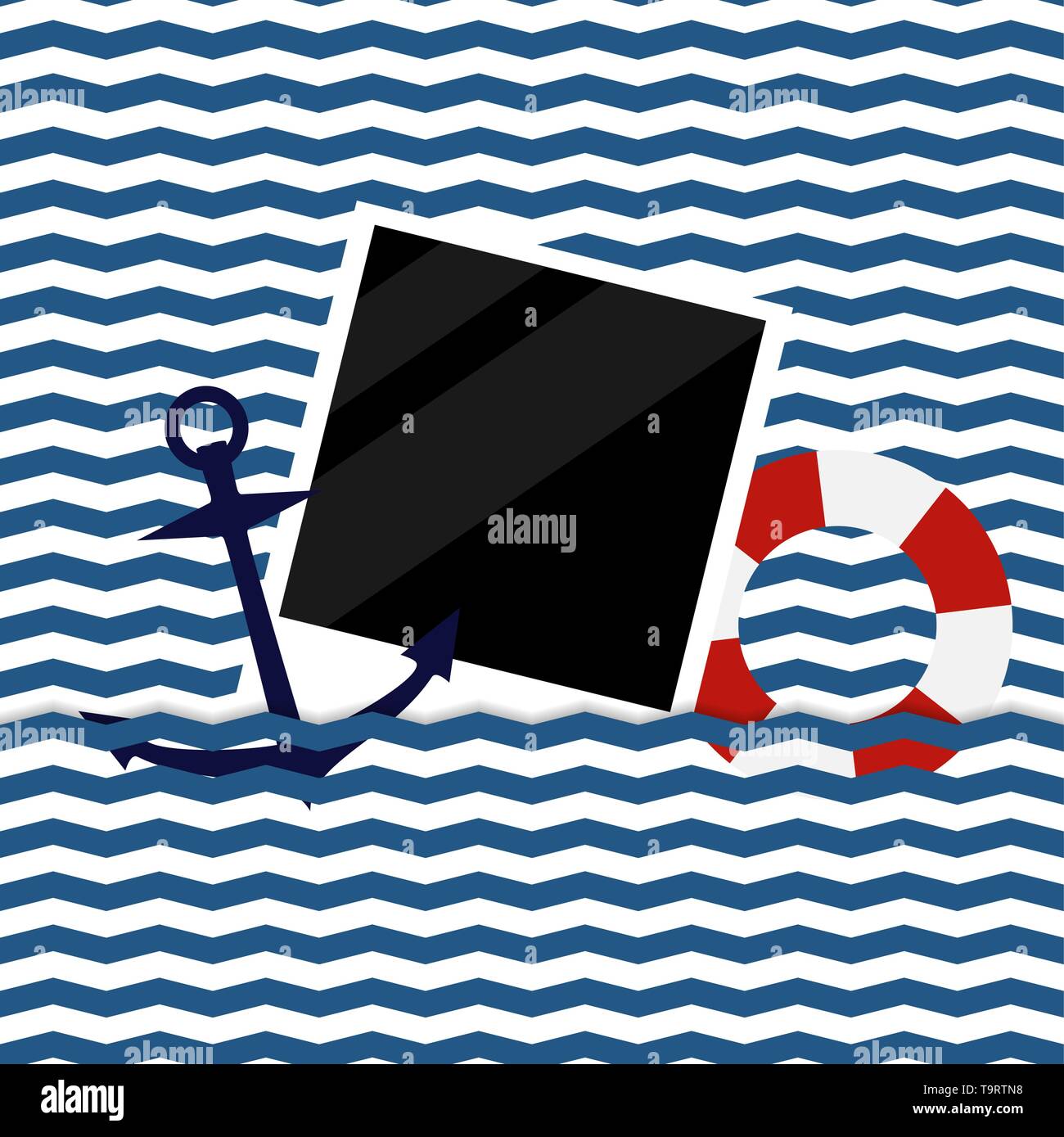 Scheda vettore modello con photoframe, ancoraggio e salvagente su seamless chevron background Illustrazione Vettoriale