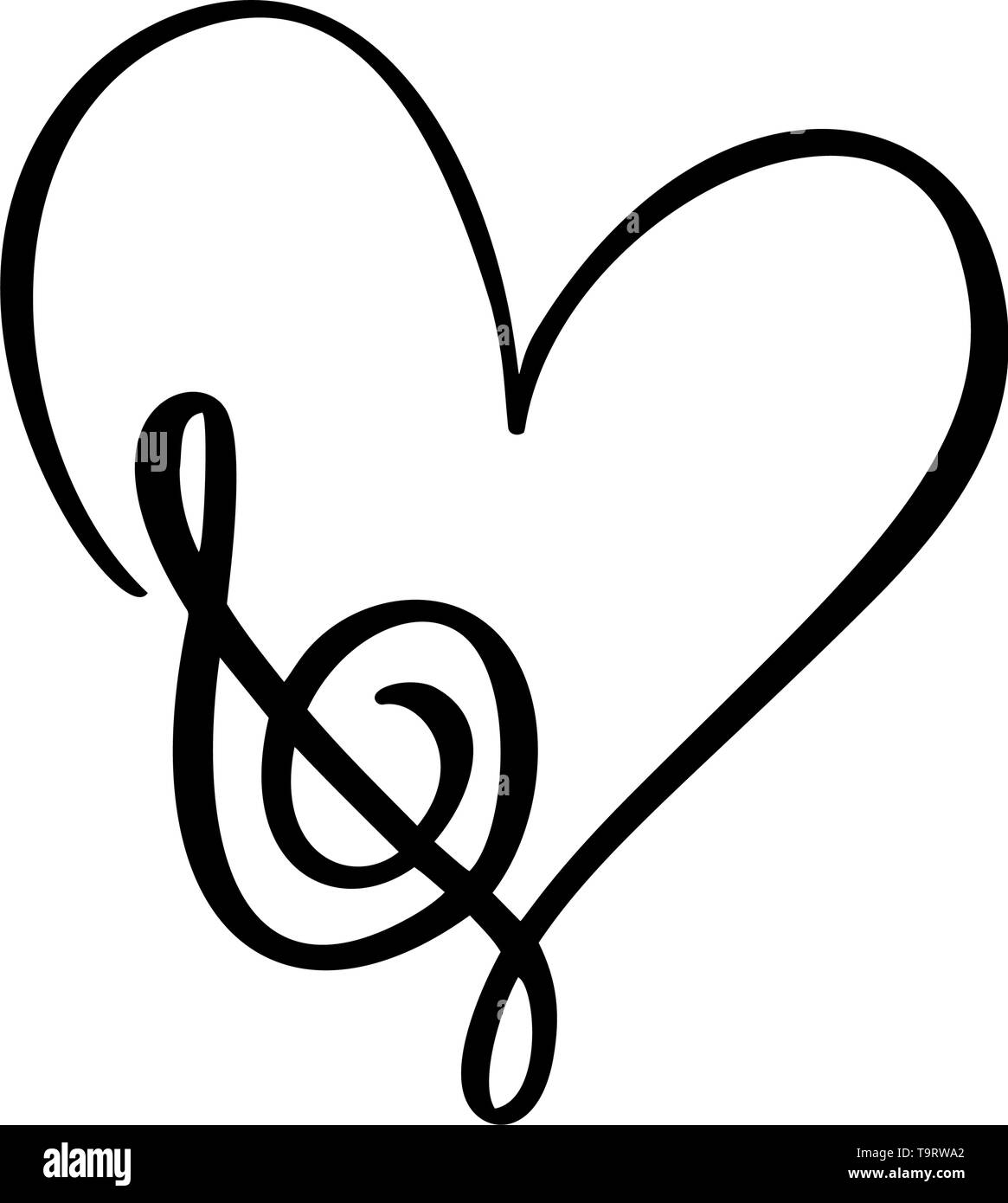 Disegnata a mano amano la musica Logo vettore chiave di violino e di cuore. Isolato su sfondo bianco Illustrazione Vettoriale