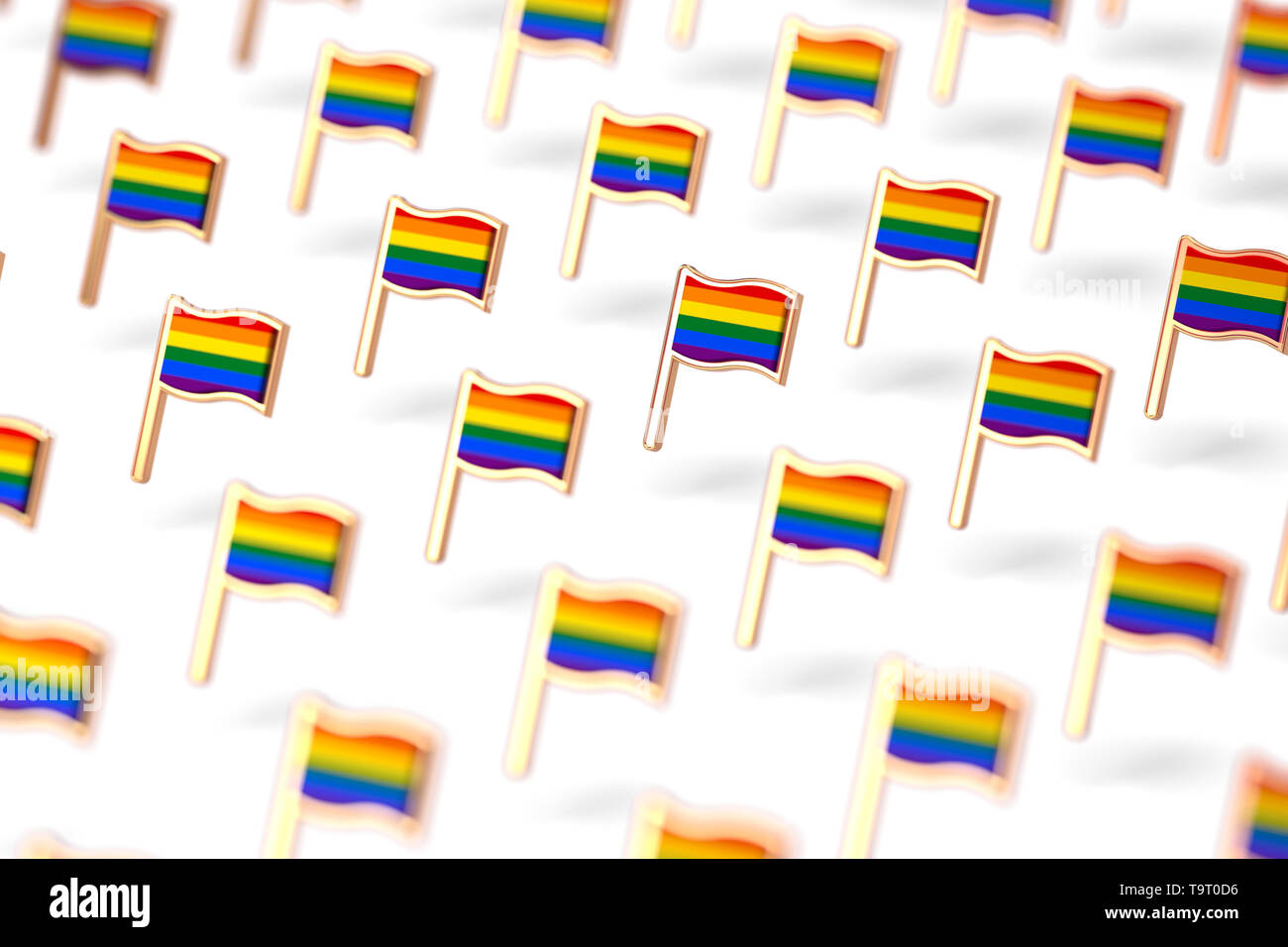 Shallow DOF focus su Rainbow LGBTQ gruppo bandiere. Gay Pride mese concetto di simbolo. Isolato su sfondo bianco. Il rendering 3D Foto Stock