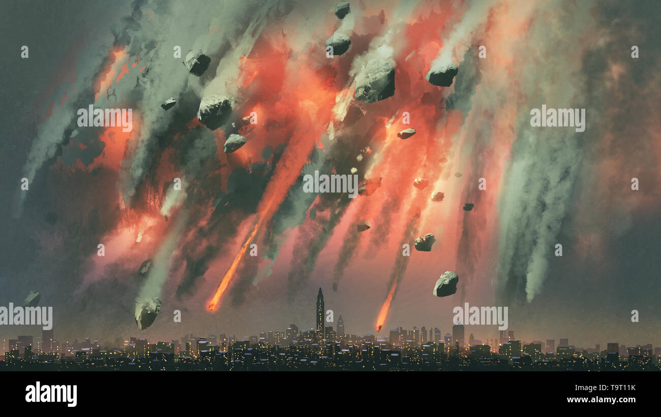 Sci-fi scena di meteoriti esplode nel cielo sopra la città, arte digitale stile, illustrazione pittura Foto Stock