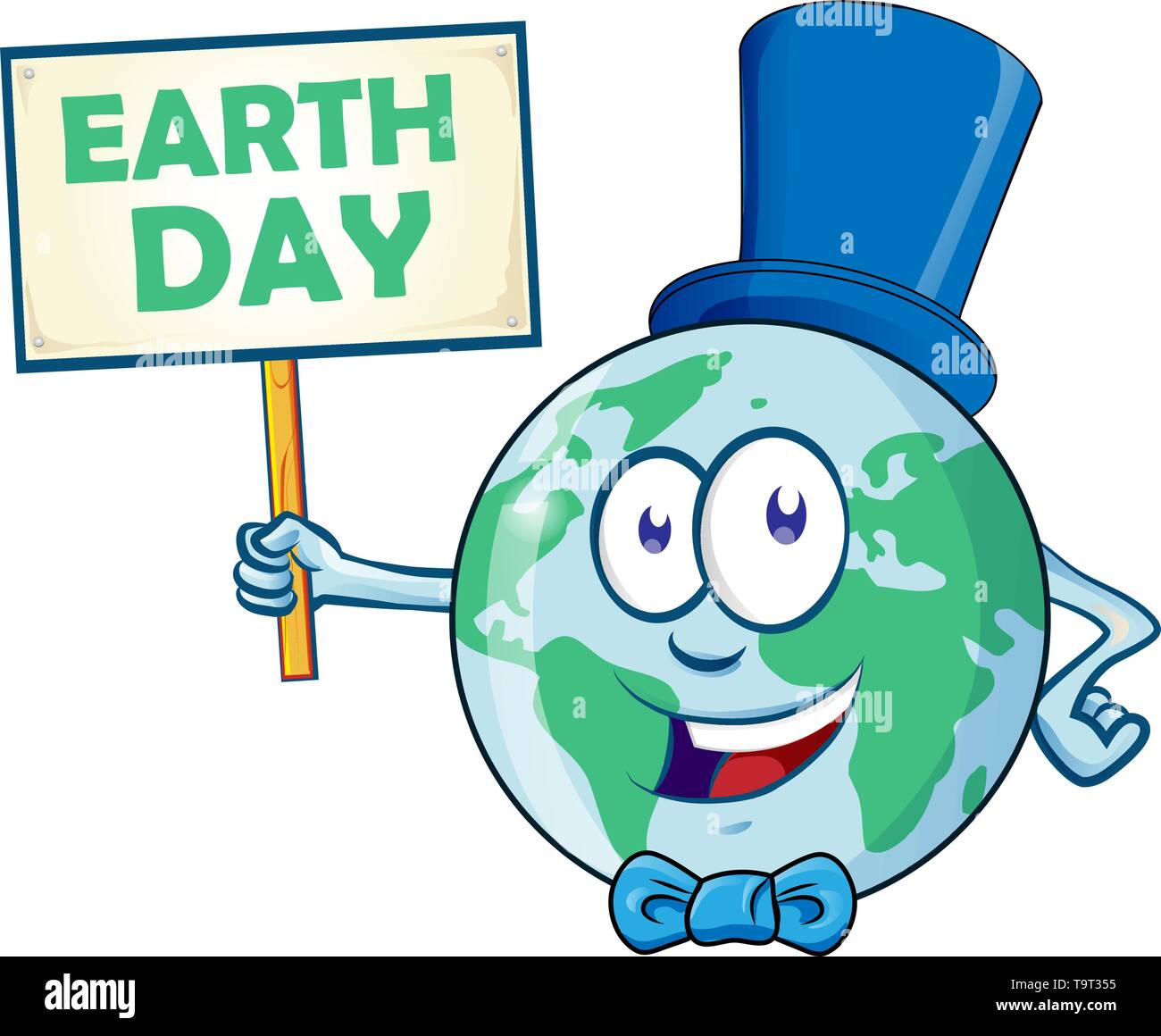 Felice Giornata della Terra. Il pianeta terra personaggio dei fumetti con un cartello con il nome Illustrazione Vettoriale