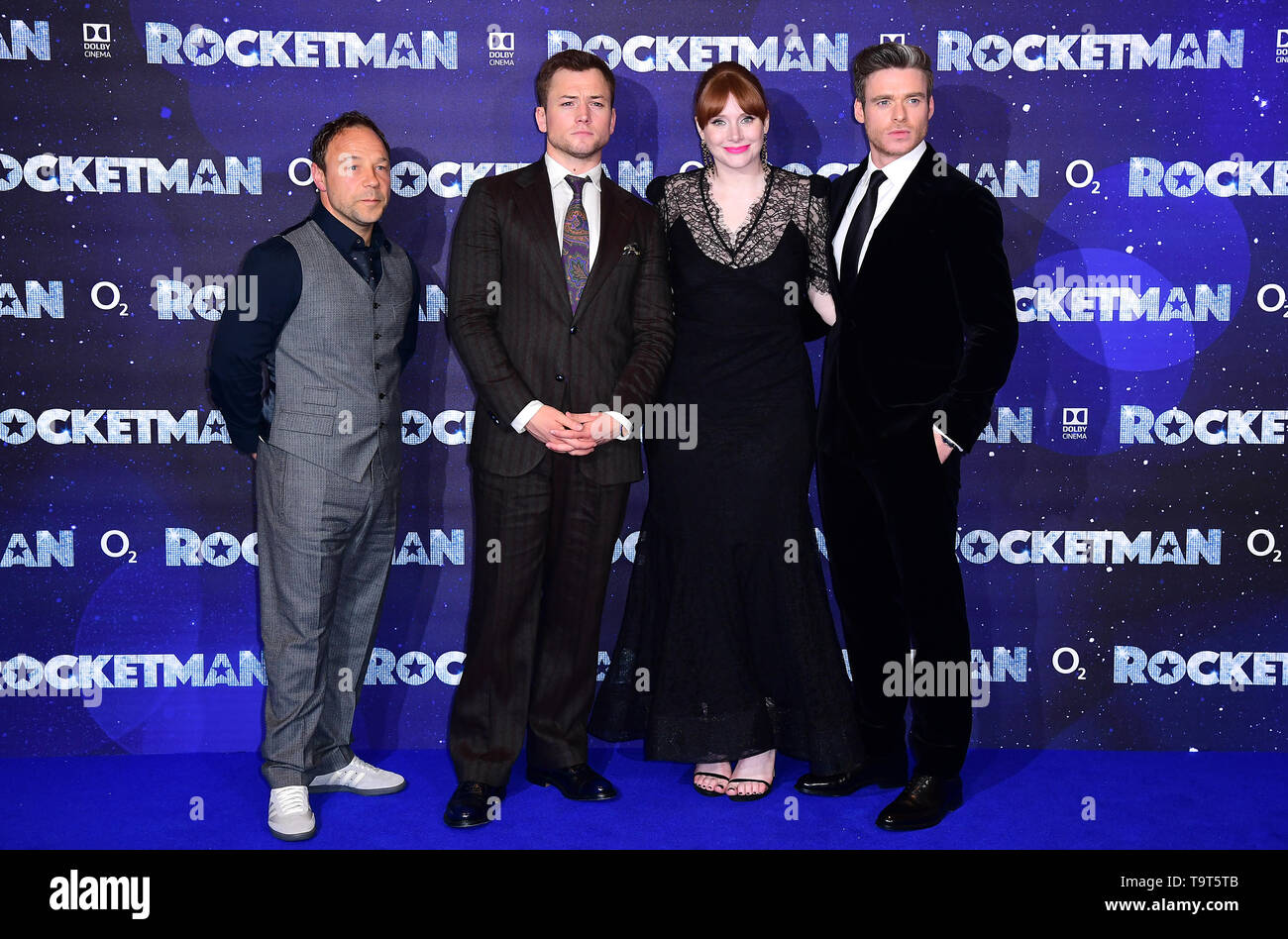 Stephen Graham, Taron Egerton, Bryce Dallas Howard e Richard Madden frequentando il Rocketman UK Premiere, a l'Odeon Luxe, Leicester Square, Londra. Foto Stock