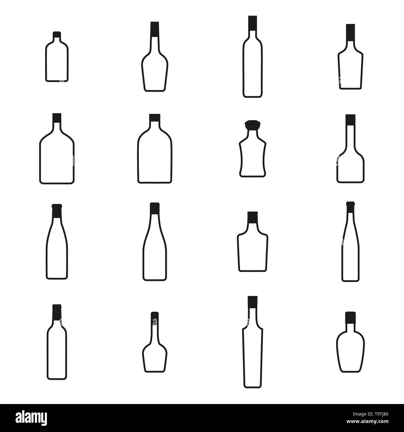 Bottiglie di alcol set di icone da linee sottili. Silhouette in nero su sfondo bianco, illustrazione vettoriale. Illustrazione Vettoriale