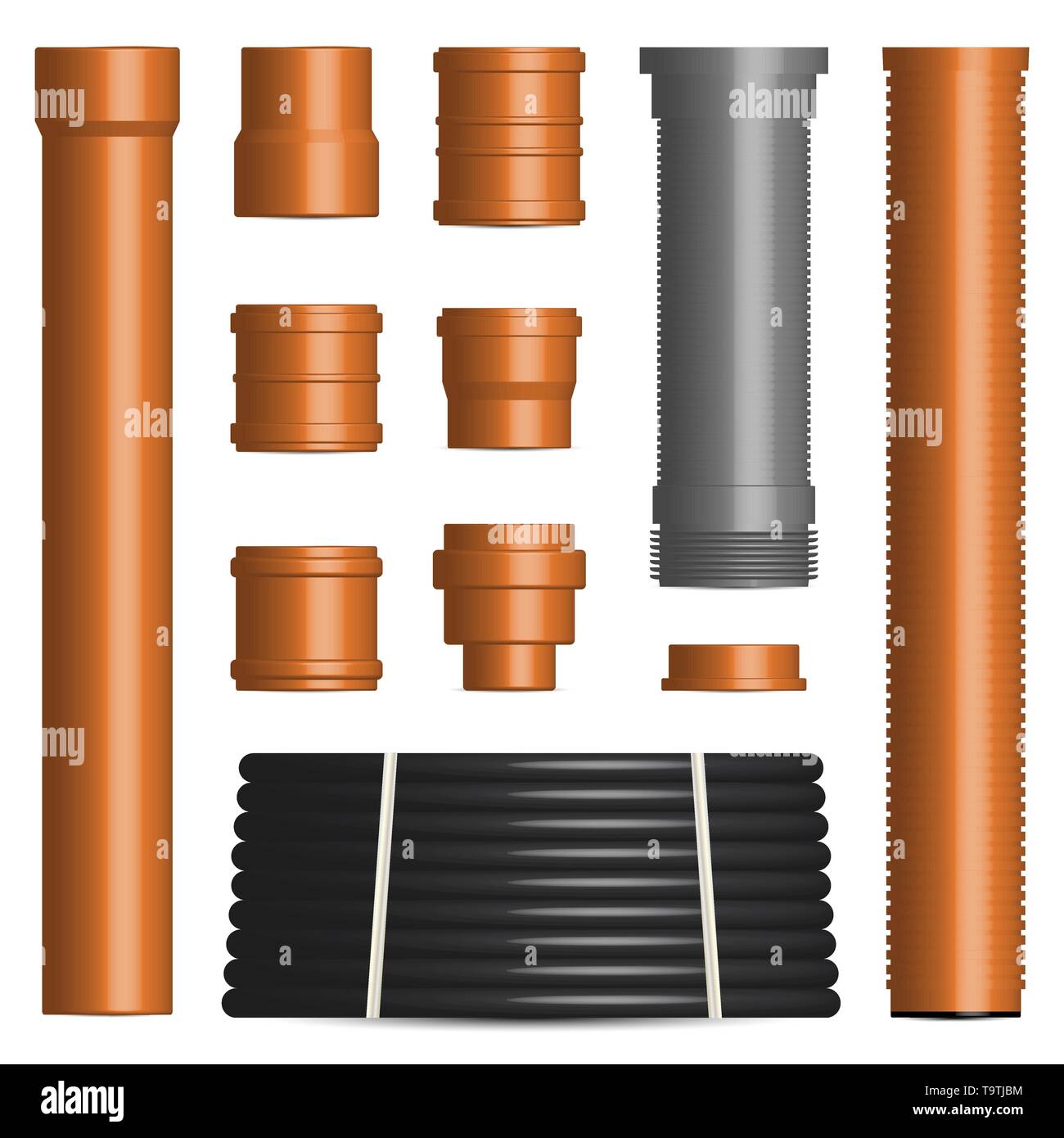 Set di vari tubi di plastica per le acque reflue, l'acqua tubo e flange di collegamento isolato su uno sfondo bianco. Vista frontale, illustrazione vettoriale. Illustrazione Vettoriale