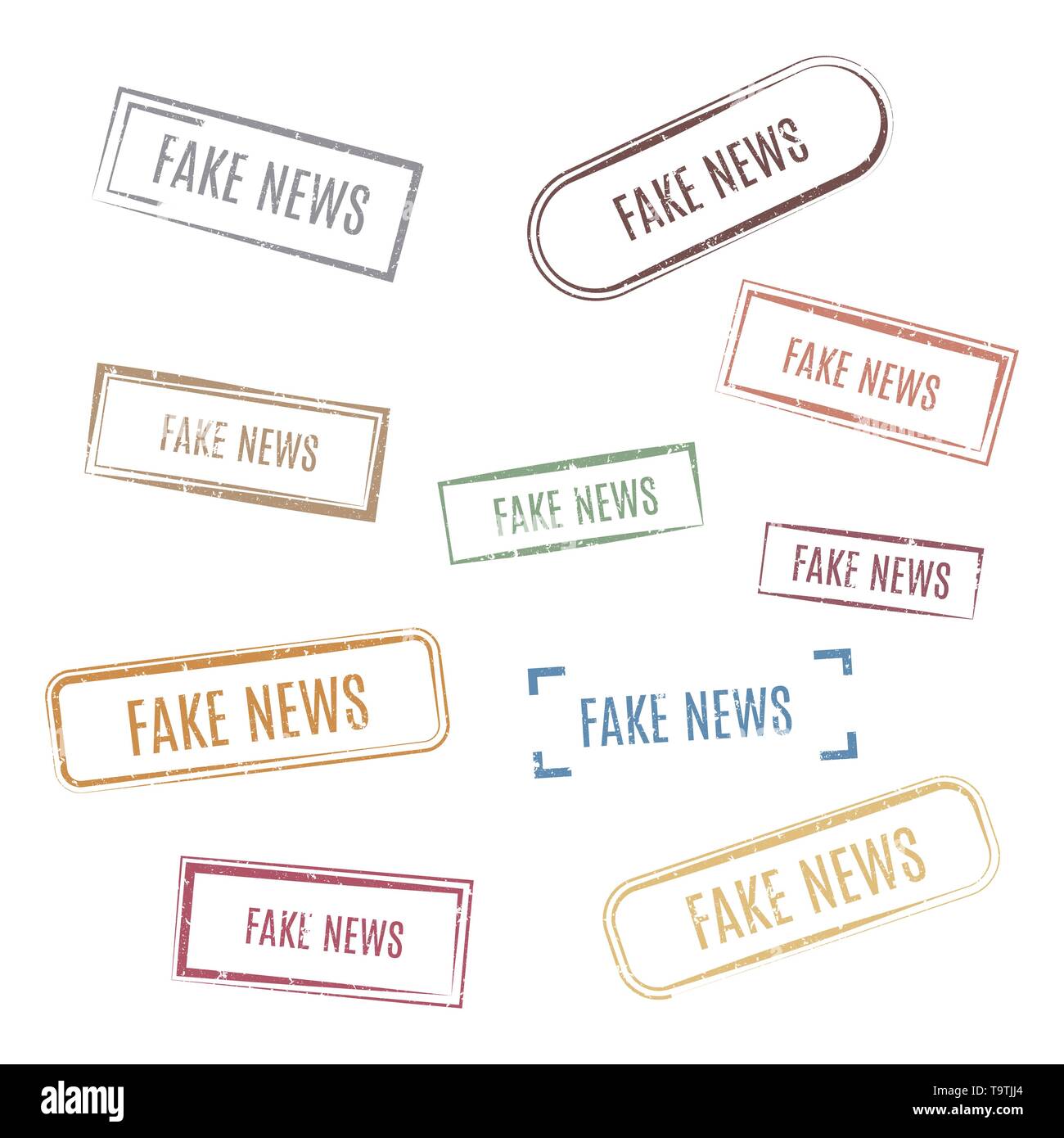 Serie di francobolli rettangolare fake news, illustrazione vettoriale. Illustrazione Vettoriale