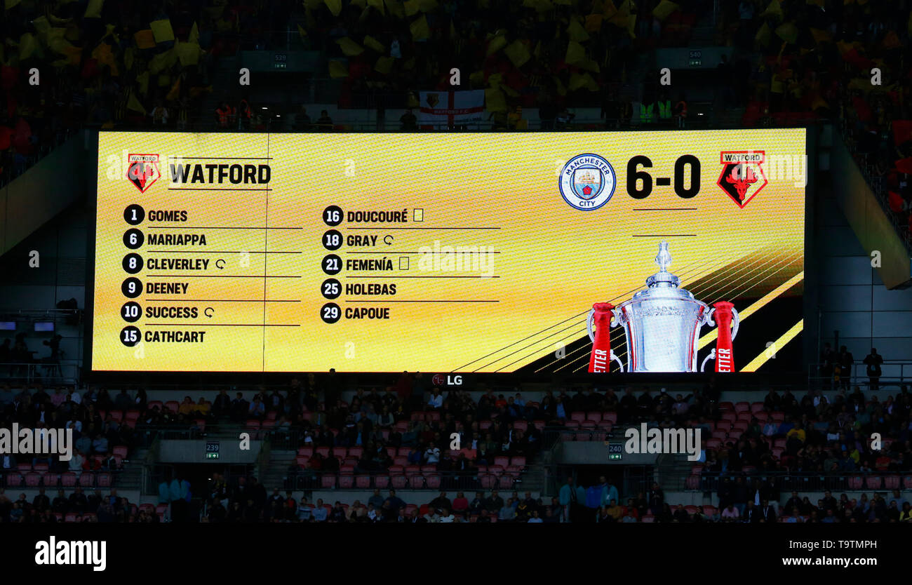 LONDON, Regno UINTED. 18 Maggio, 2019 Quadro di valutazione mostra il punteggio 6-0 per il Manchester City lo scorso tempo era 1903 contro Bolton Bury durante la Emirates FA Cu Foto Stock