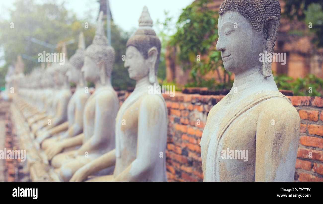 Serie di antiche immagini di buddha , statue allineati in fila Foto Stock