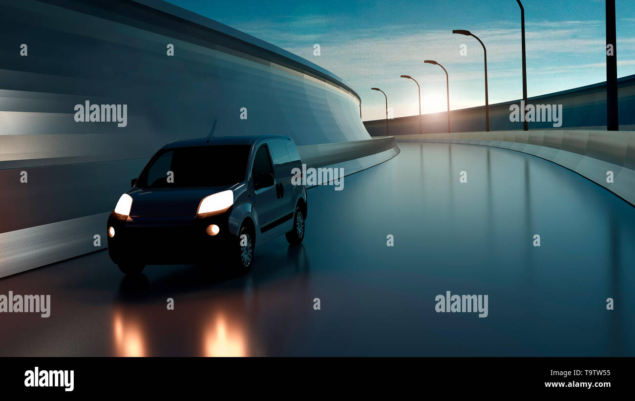 Bianco consegna van su autostrada. Trasporto e logistica concetto. 3D'illustrazione. Foto Stock