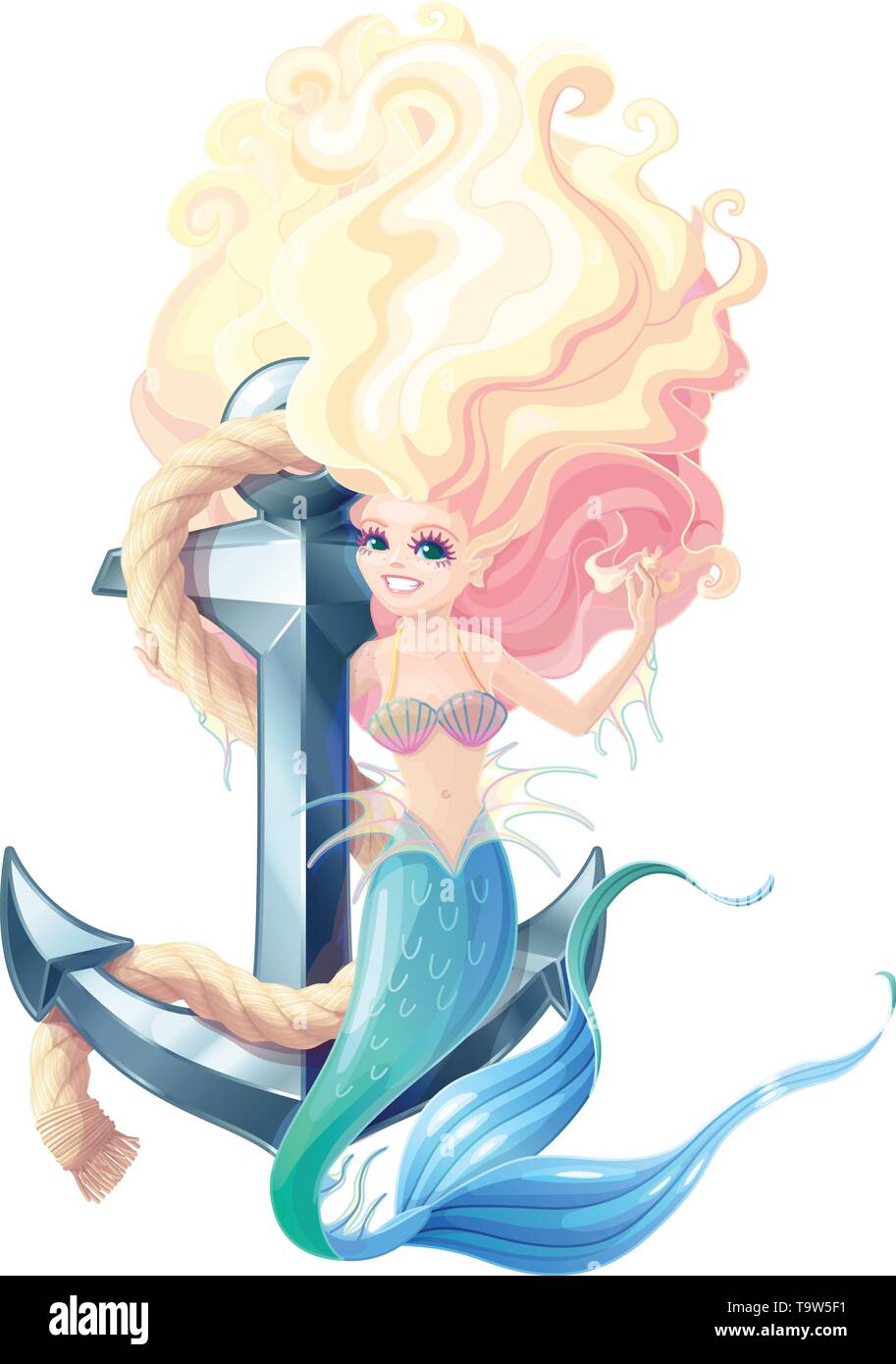 Vector Cartoon carino mermaid e il dispositivo di ancoraggio con fune Illustrazione Vettoriale