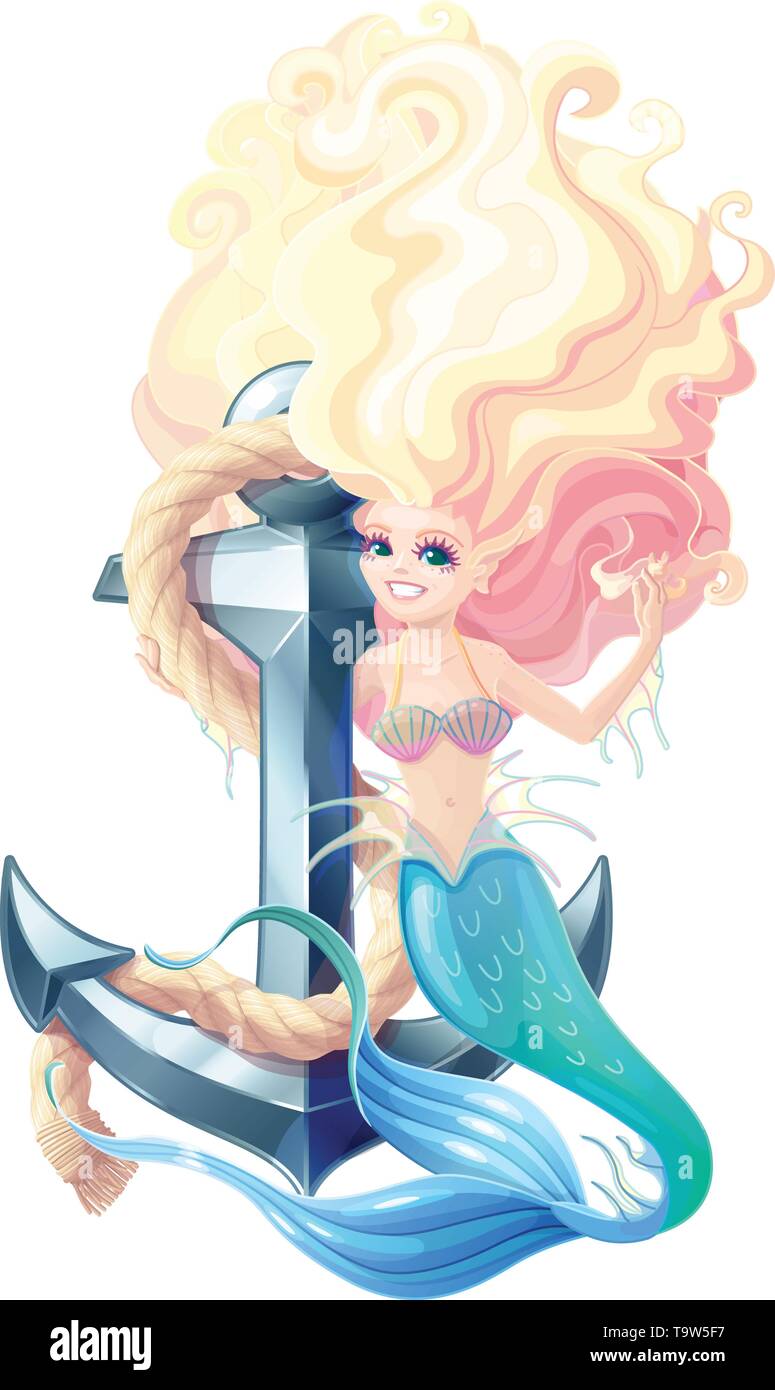 Vector Cartoon carino mermaid e il dispositivo di ancoraggio con fune Illustrazione Vettoriale