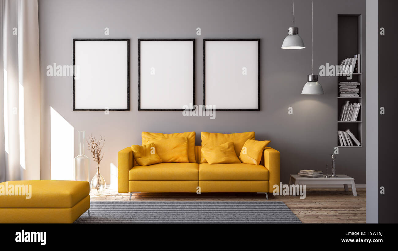 3D rendering di giallo lettino o divano nel soggiorno nella parte anteriore della parete grigia con copia spazio e moderno o interni minimalisti e pavimento bianco Foto Stock