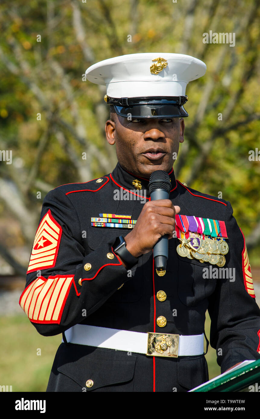 Decorate Marine dà Discorso a un veterano della cerimonia del giorno Foto Stock