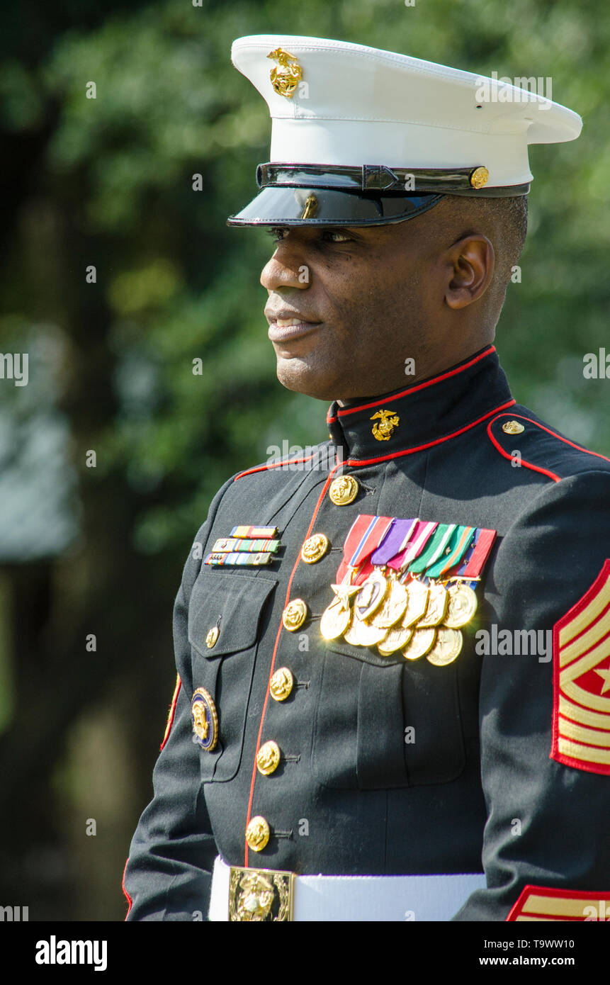 Decorate Marine dà Discorso a un veterano della cerimonia del giorno Foto Stock