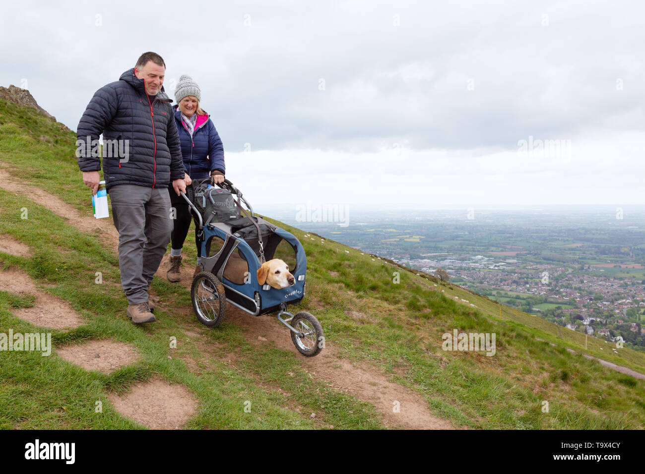 Un paio di prendere il loro cane in un passeggino per una passeggiata nelle colline di Malvern, Worcestershire REGNO UNITO, esempio di eccentricità inglese Foto Stock