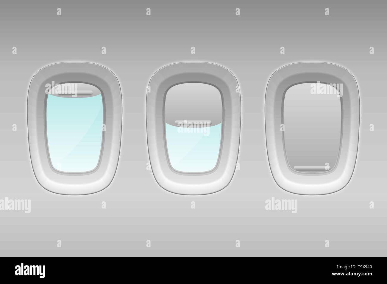 Vettore 3D realistici bianco tre oblò di plastica del velivolo con Apri e chiudi finestra sfumature. Imposta icona Closeup. Vista dall'aereo finestra di volo Illustrazione Vettoriale
