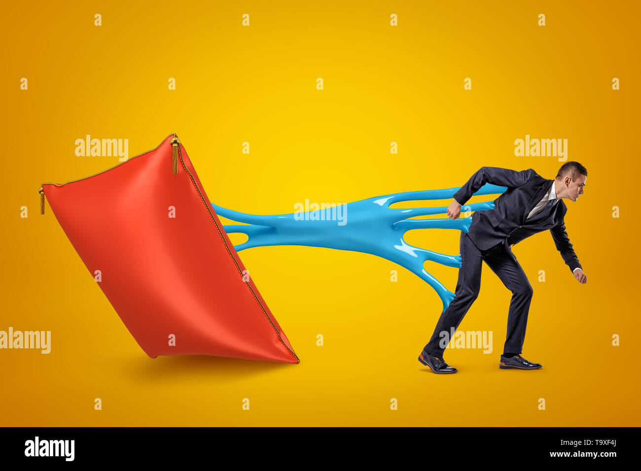 Giovane imprenditore bloccato al cuscino rosso con blu fango appiccicoso su sfondo giallo Foto Stock