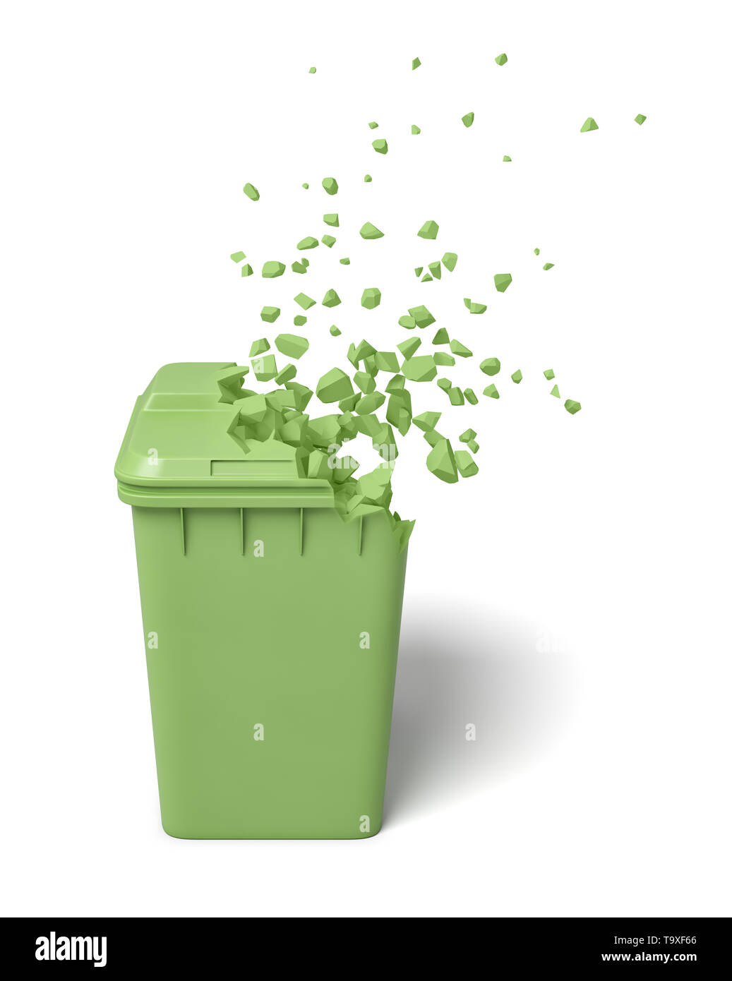 3D rendering di verde lo scomparto polvere comincia a disciogliersi in particelle su sfondo bianco. Foto Stock