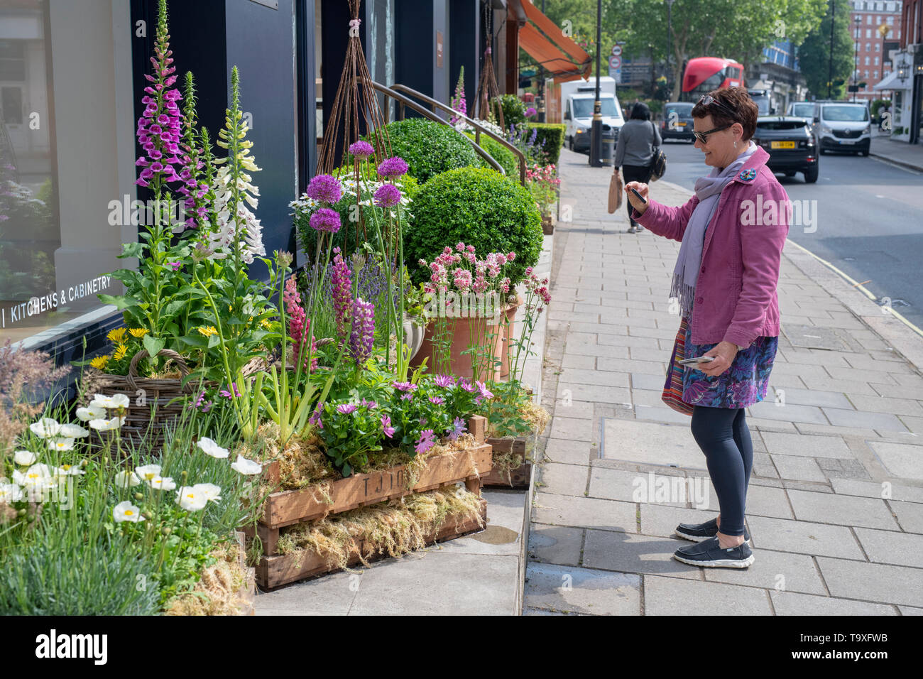 Display floreale al di fuori del negozio Linley a Pimlico Road per il Chelsea in Fiore 2019. Il quartiere di Belgravia a Londra, Inghilterra Foto Stock