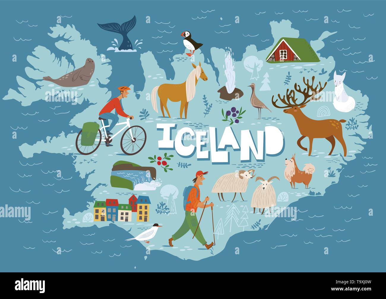 Vettore di viaggio mappa di Islanda con animali e paesaggi. Illustrazione Vettoriale