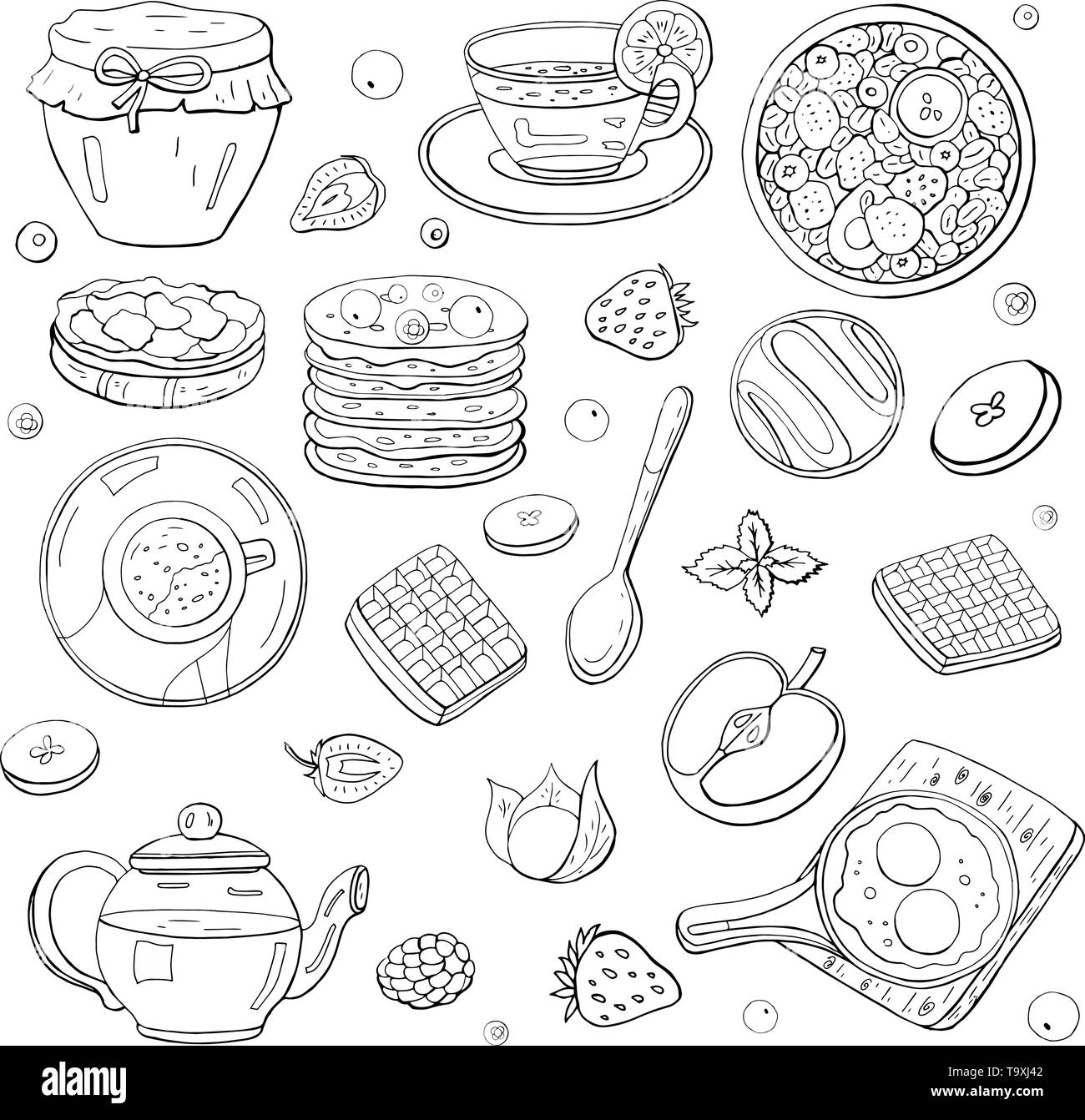 Set di bianco e nero prima colazione al mattino gli elementi isolati su sfondo bianco. Tè, uova strapazzate. caffè, miele, frittelle. Illustrazione Vettoriale
