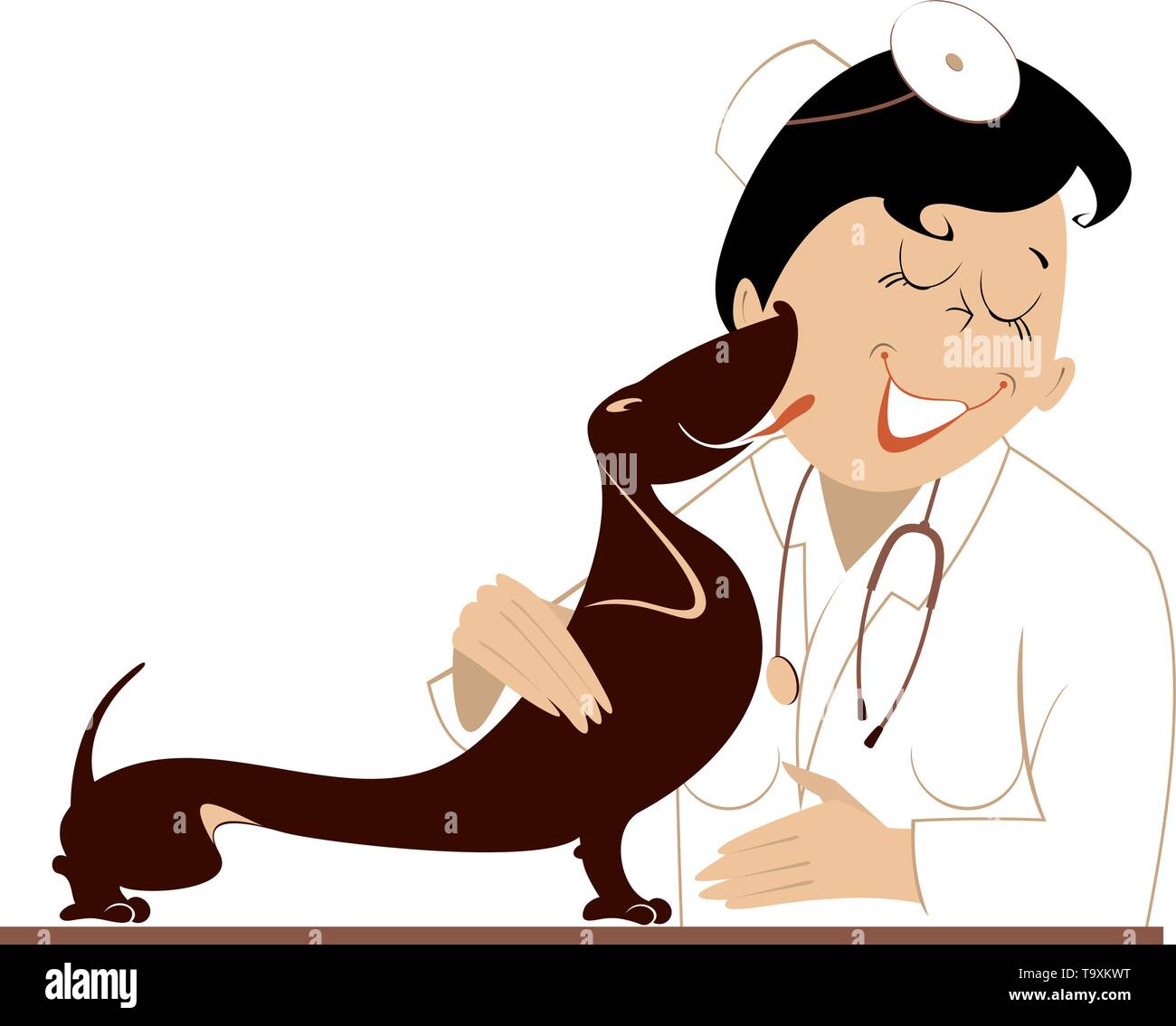 Veterinario donna esamina un cane isolato illustrazione. Tipo veterinario donna viene lambito dal cane illustrazione Illustrazione Vettoriale
