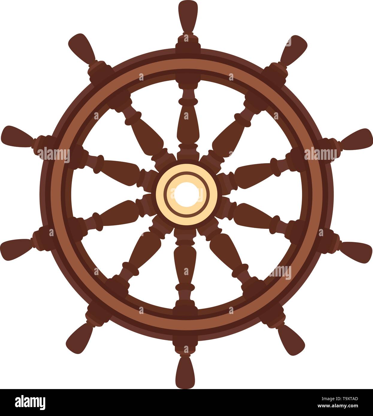 Vector barca piatta volantino, nave ruota timone. Mare, simbolo dell'oceano Illustrazione Vettoriale