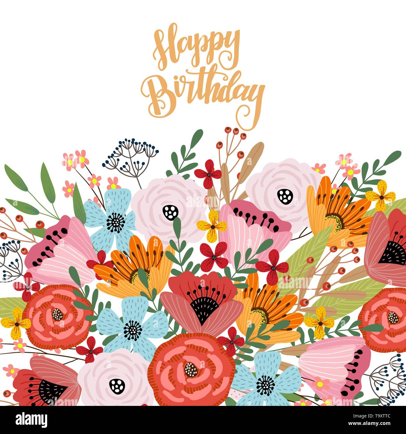 Buon compleanno. Modello di cartolina con simpatico disegno a mano luminoso bouquet di fiori su fondo bianco, vettore Illustrazione Vettoriale