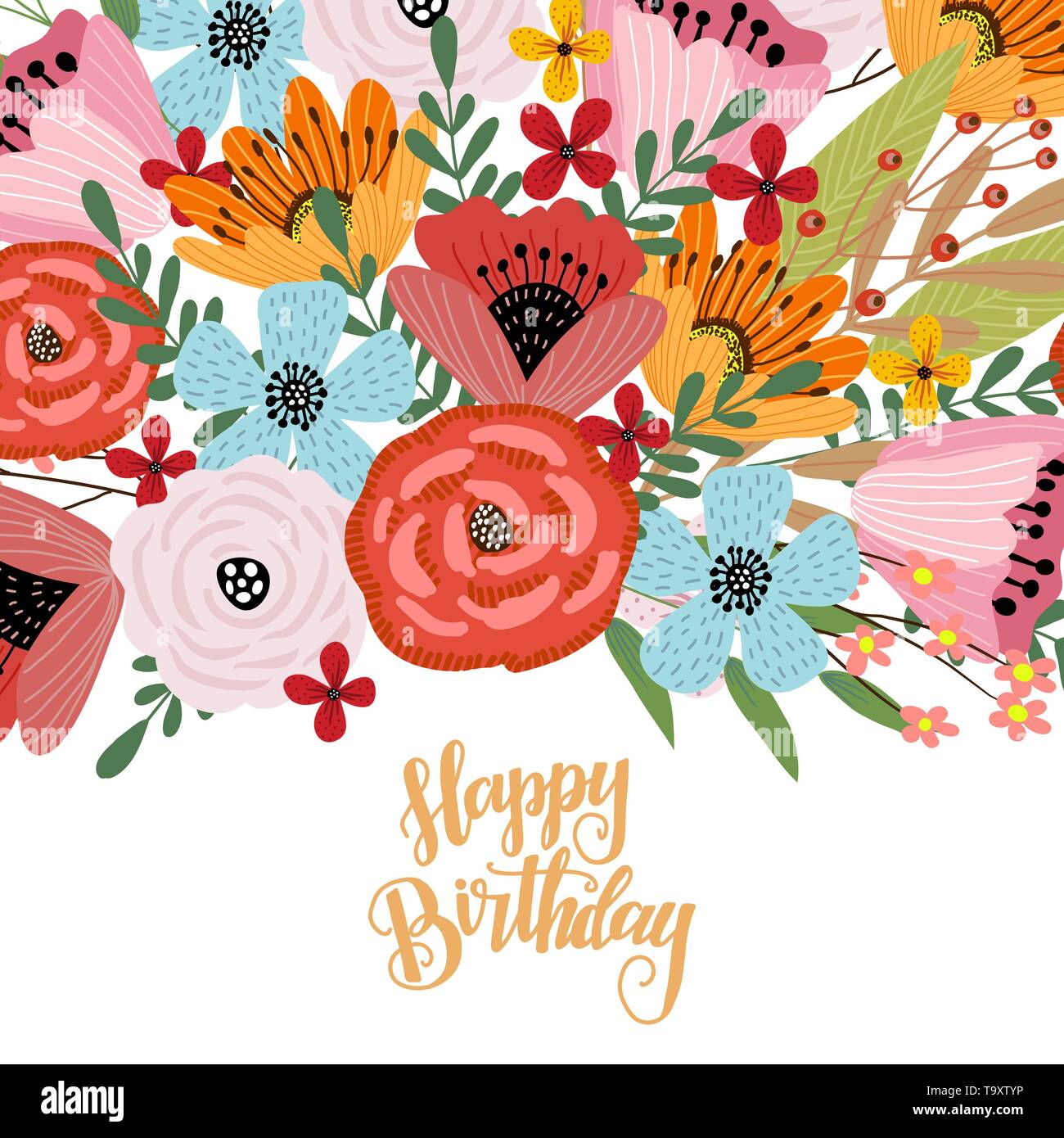 Buon compleanno. Modello di cartolina con simpatico disegno a mano luminoso bouquet di fiori, vettore Illustrazione Vettoriale