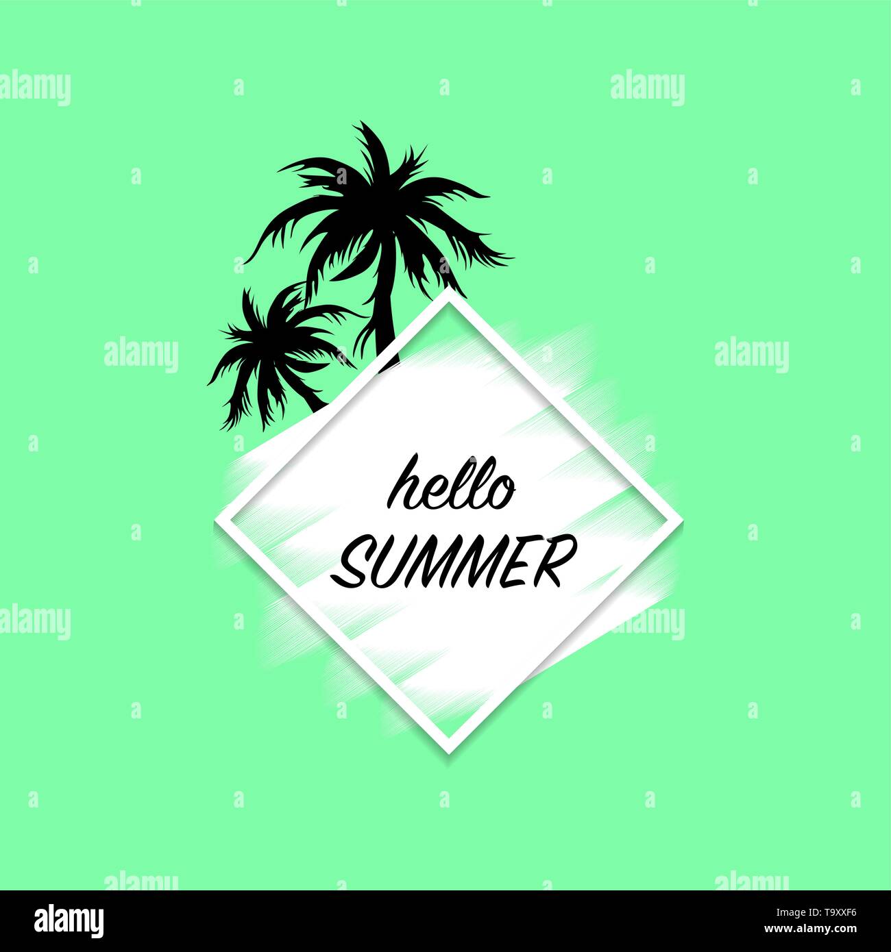 Ciao estate banner moderno sfondo verde con vernice bianca corsa nero e palme, vettore illustrazione, file eps Illustrazione Vettoriale