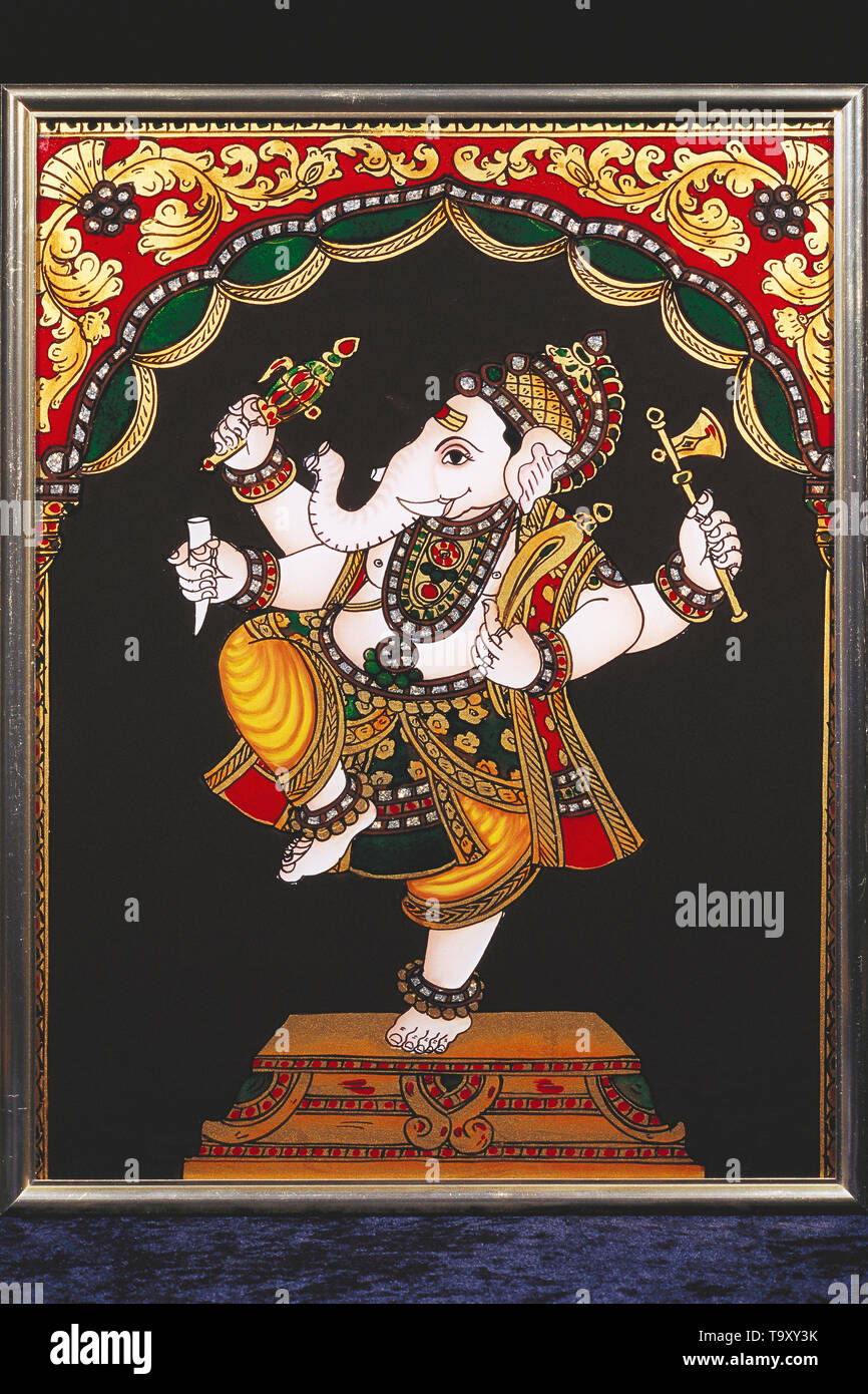 Nritya Ganapati ,GANESH IDOLO,TANJORE pittura del vetro,THANJAVUR, Tamilnadu, INDIA, ASIA Foto Stock