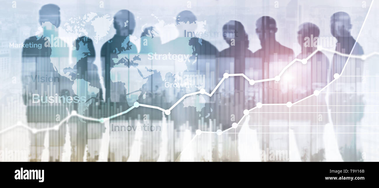 Business sfondo astratto doppia esposizione grafico, diagramma e schema. In tutto il mondo mappa e. Global Business e trading finanziario concetto. Foto Stock