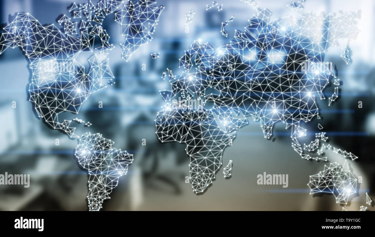 Mondo Globale Mappa doppia rete di esposizione. Telecomunicazioni, International Business Internet e tecnologia concetto. Foto Stock