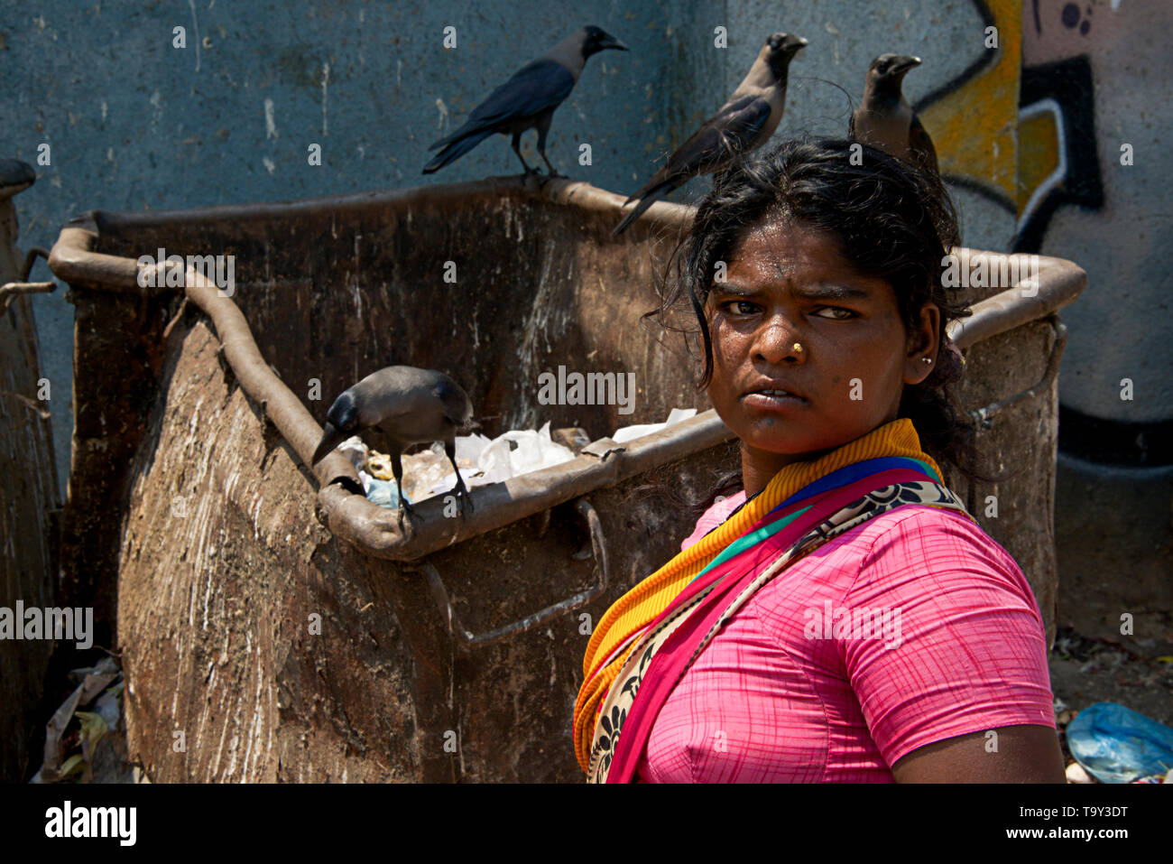 Garbage raccoglitrice in Mumbai India passa attraverso il cassonetto in cerca di rifiuti riciclati con i corvi sul cassonetto Foto Stock