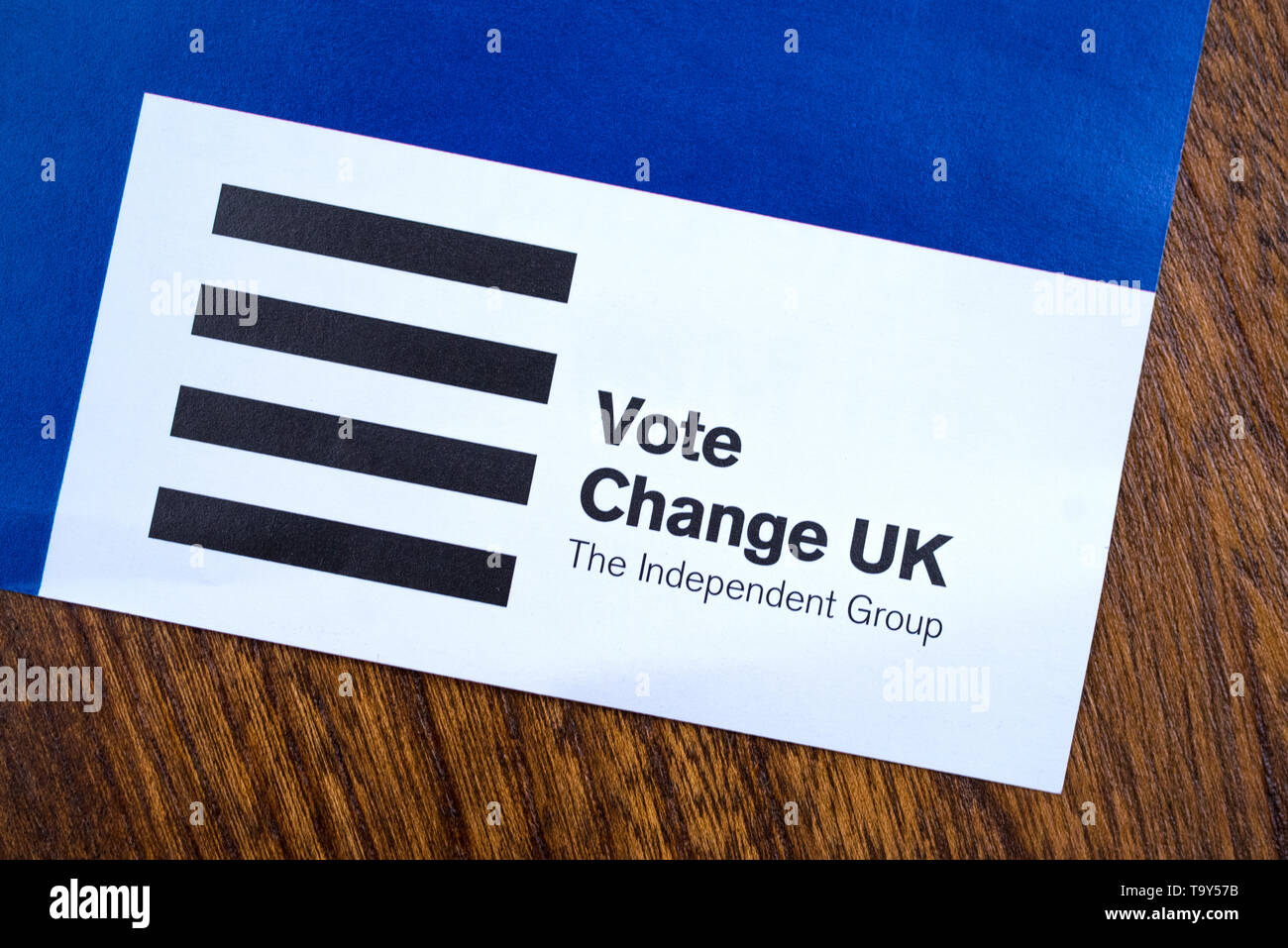 London, Regno Unito - 20 Maggio 2019: un close-up del cambiamento del logo del Regno Unito su un foglietto informativo. Modificare REGNO UNITO - Il gruppo indipendente (ChUK) è diventato centrista, pro-E Foto Stock