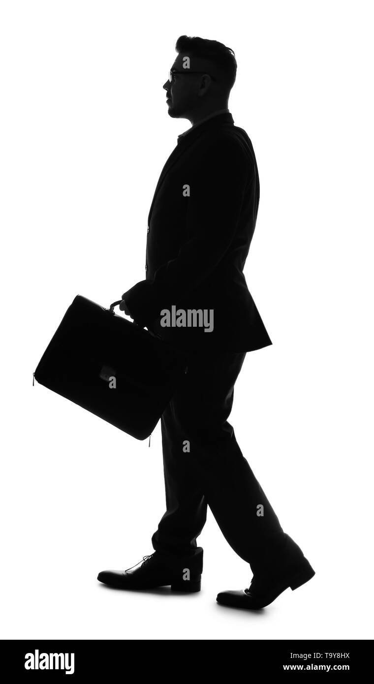 Silhouette di andare imprenditore con valigetta ventiquattrore su sfondo bianco Foto Stock