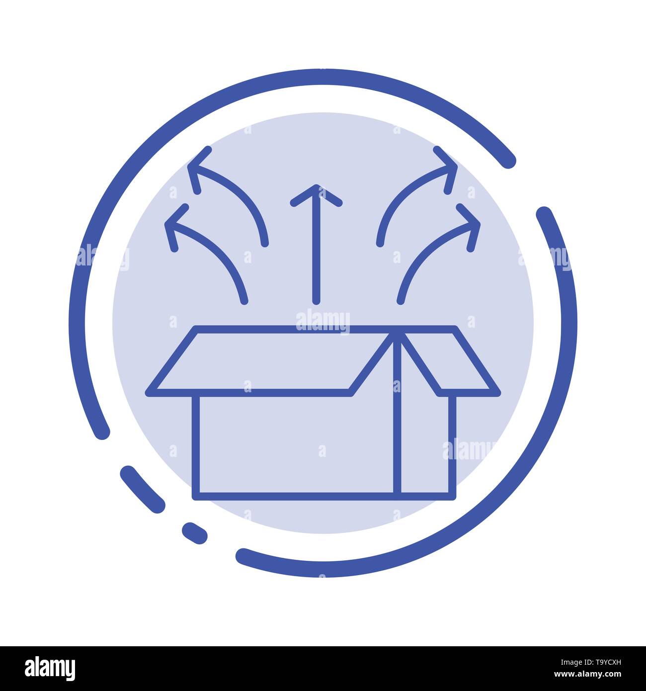 Rilasciare, Box, lancio scatola aperta, prodotto blu linea punteggiata Icona Linea Illustrazione Vettoriale