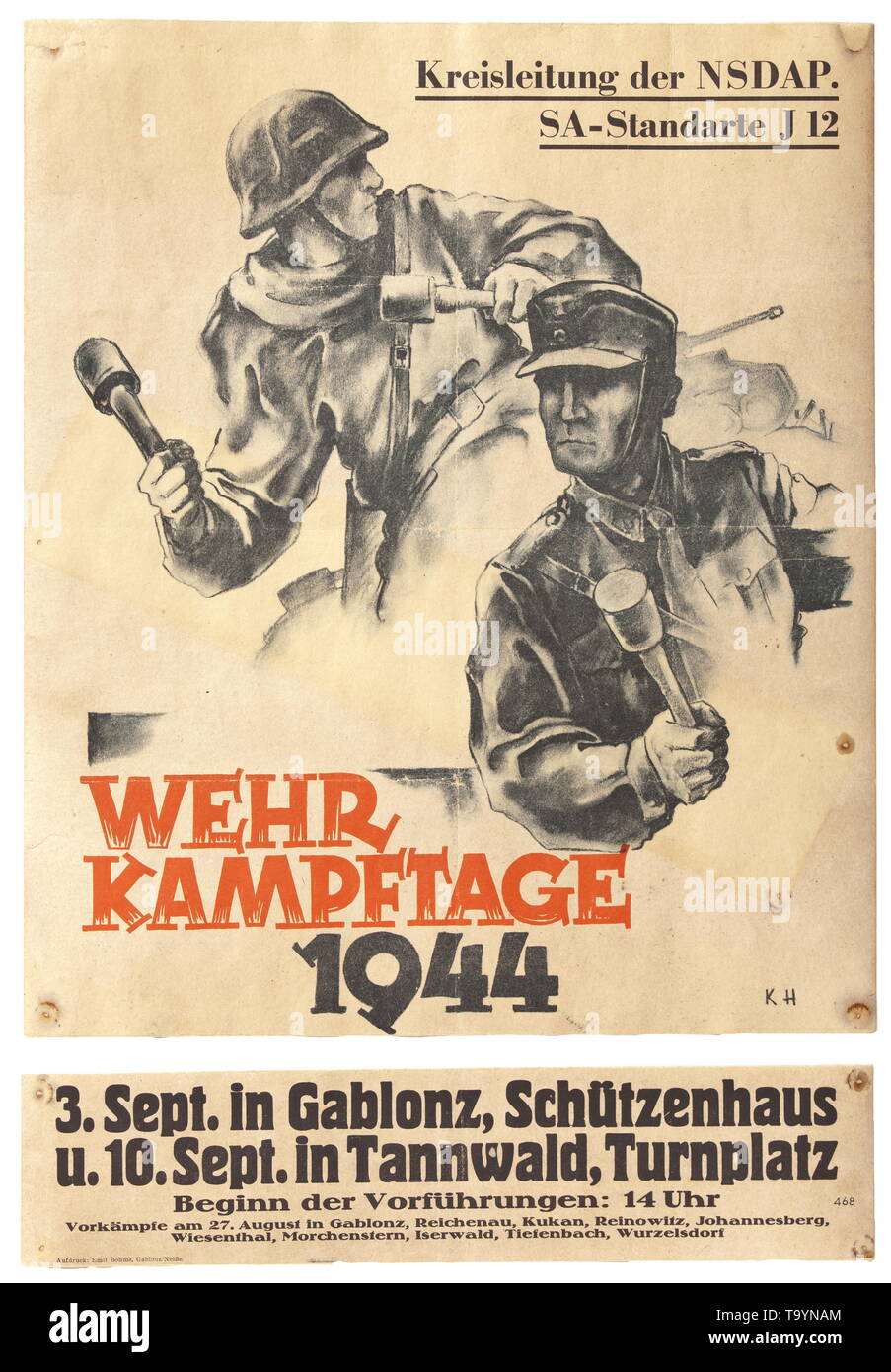 Un poster pubblicitari la manifestazione "Wehrkampftage 1944' della SA Jägerstandarte 12 monogrammed 'KH' storica, storica del xx secolo, Editorial-Use-solo Foto Stock