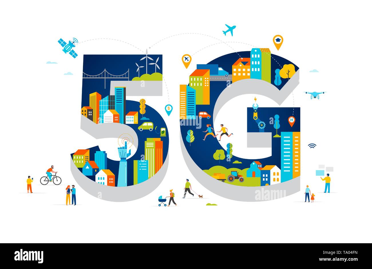 5G Flat illustrazione vettoriale. Le persone con dispositivi mobili nella smart city Illustrazione Vettoriale
