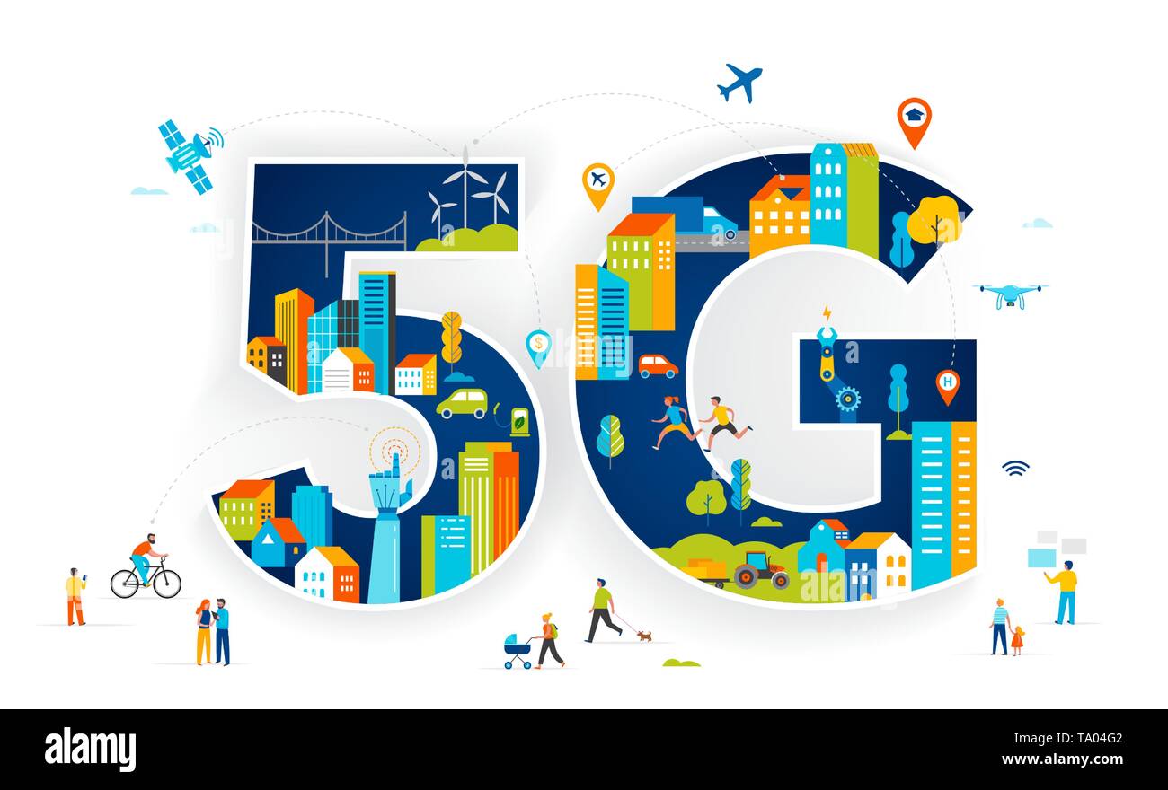 5G Flat illustrazione vettoriale. Le persone con dispositivi mobili nella smart city Illustrazione Vettoriale