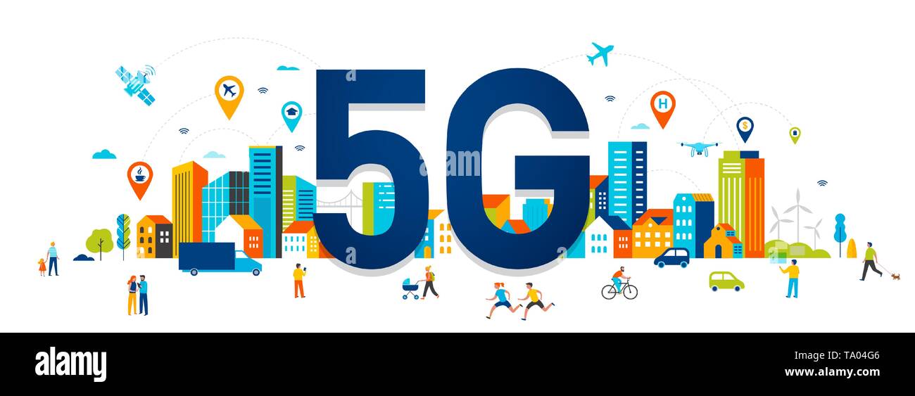5G Flat illustrazione vettoriale. Le persone con dispositivi mobili nella smart city Illustrazione Vettoriale