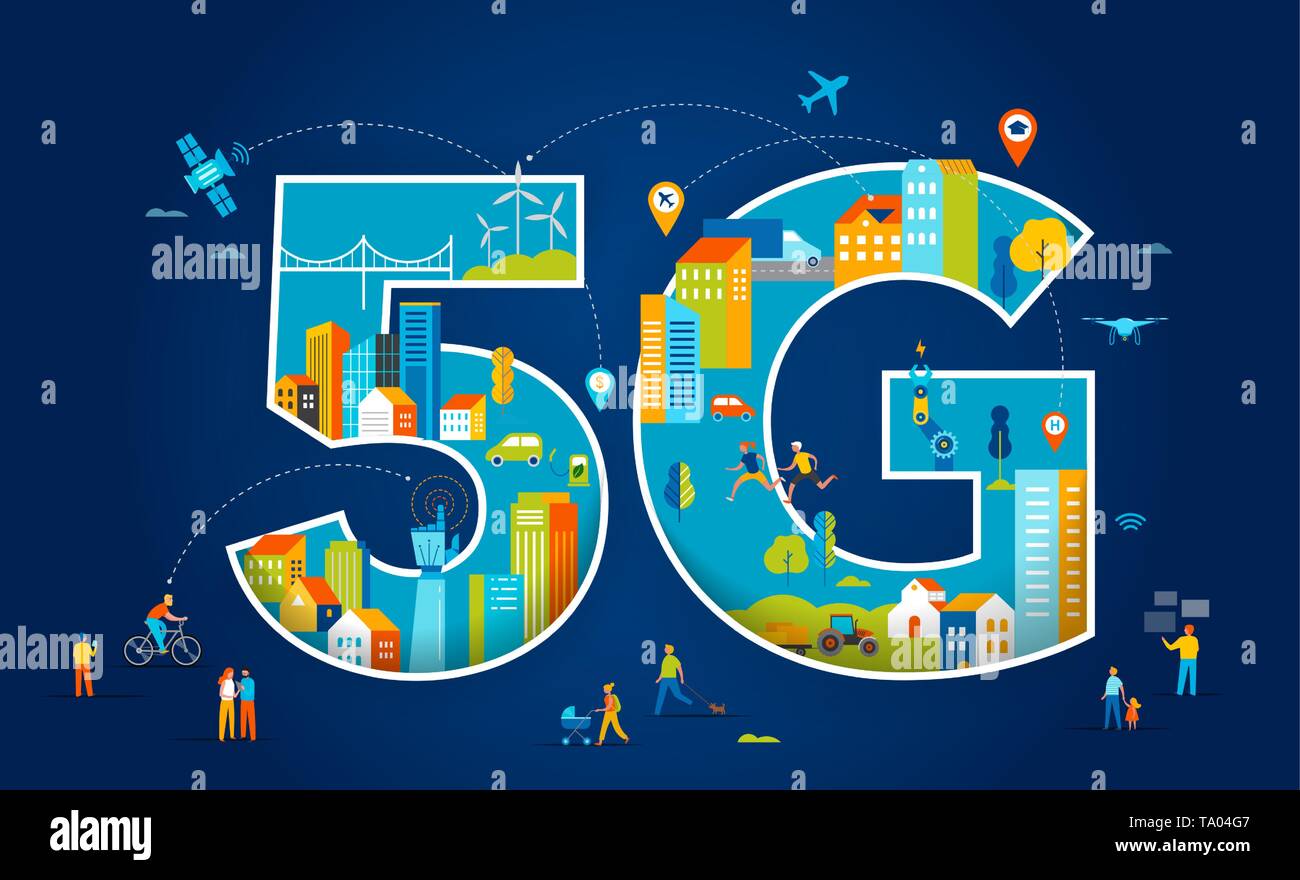 5G Flat illustrazione vettoriale. Le persone con dispositivi mobili nella smart city Illustrazione Vettoriale