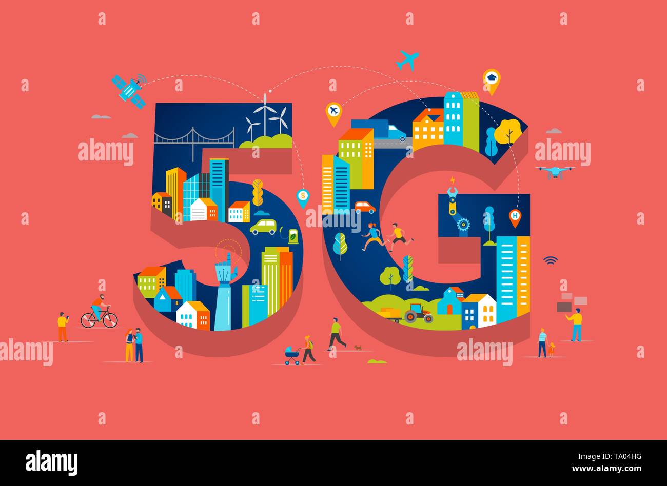 5G Flat illustrazione vettoriale. Le persone con dispositivi mobili nella smart city Illustrazione Vettoriale