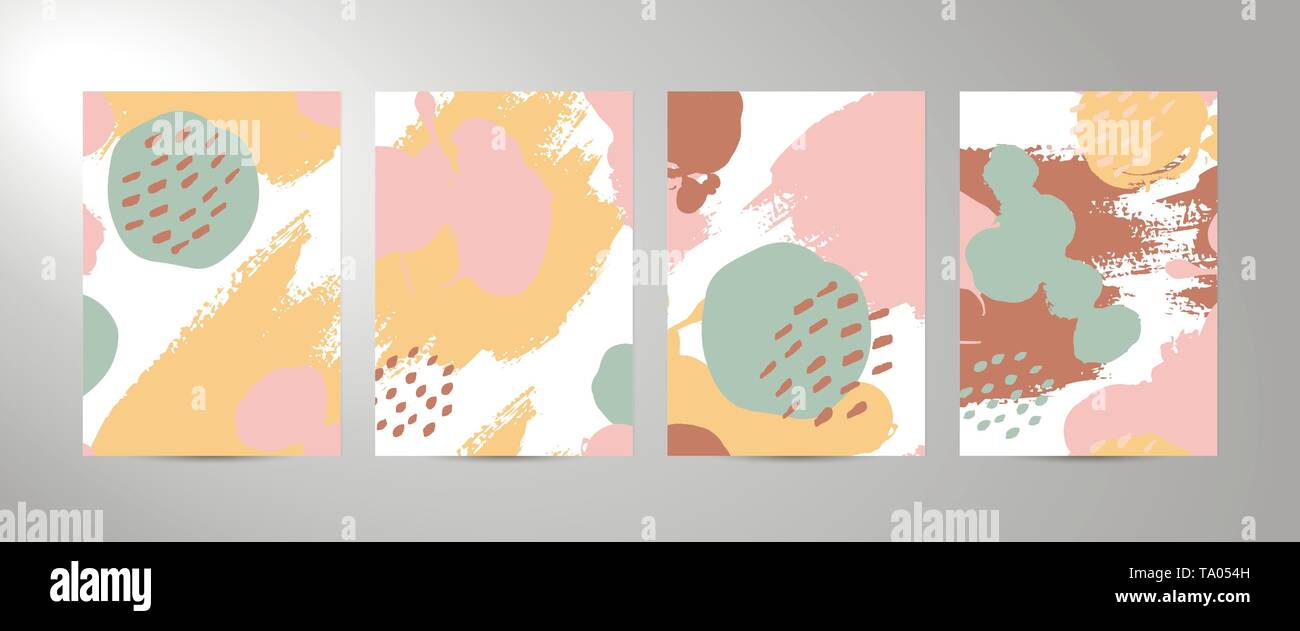 Vettore di quattro sfondi astratti di dimensione A4. La trama di pennellate in colori alla moda di senape, rosa, menta, marrone. Modello per poster, scheda, brochur Illustrazione Vettoriale