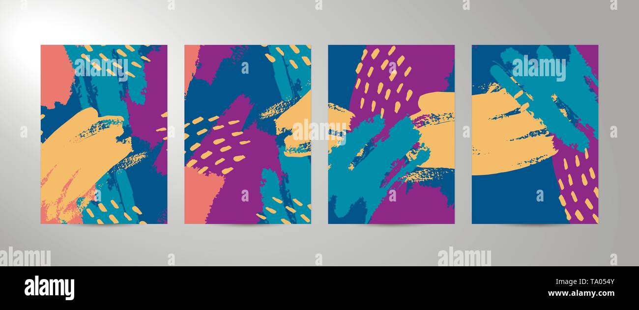 Vettore di quattro sfondi astratti di dimensione A4. La trama di pennellate in colori alla moda di senape, blu, blu, viola, il corallo. Modello per poster, scheda Illustrazione Vettoriale